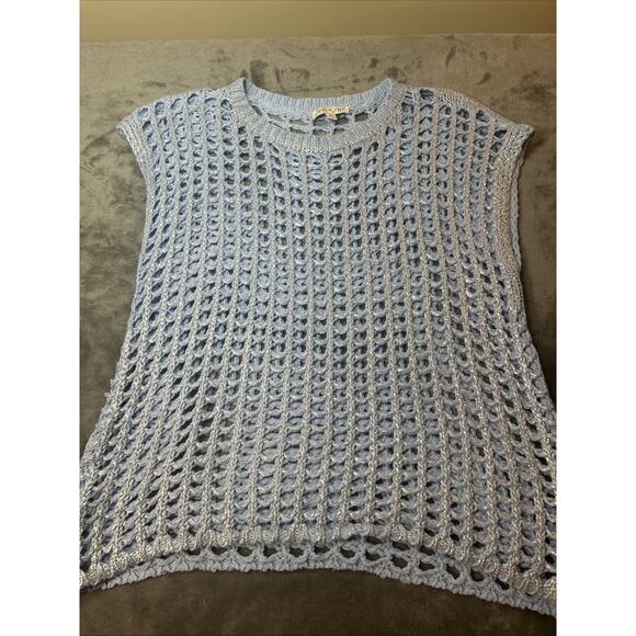 She + Sky Open Knit Crochet Short Sleeve Agua Sweater M Cottagecore Boho Beachy - Picture 1 of 5